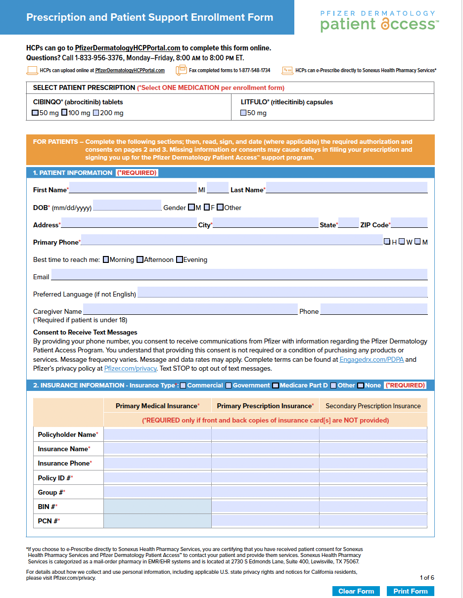 Pfizer Dermatology Patient Access™ enrollment form